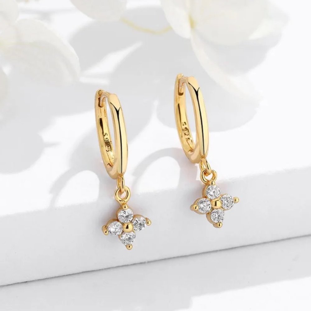 Crystal Flower Pendant Charm Hoop Earring in Gold - Picture 1 of 11